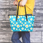 Blue Daisy Flower Pattern Print Leather Tote Bag