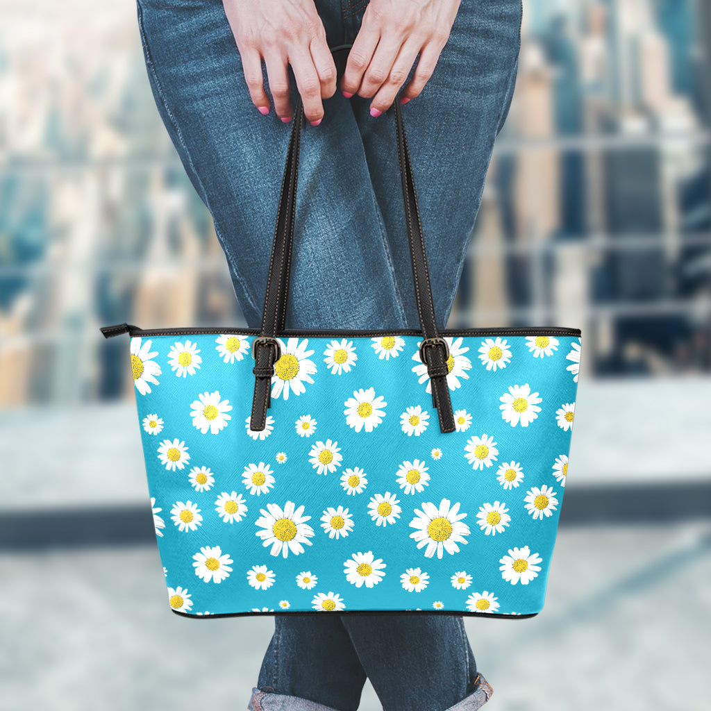 Blue Daisy Flower Pattern Print Leather Tote Bag