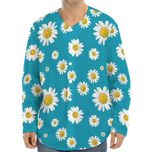 Blue Daisy Flower Pattern Print Long Sleeve Baseball Jersey