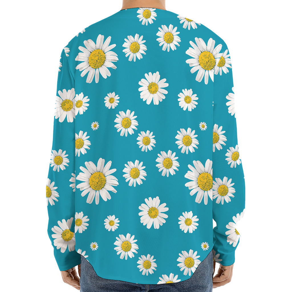 Blue Daisy Flower Pattern Print Long Sleeve Baseball Jersey