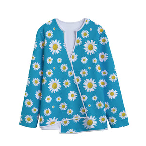 Blue Daisy Flower Pattern Print Long Sleeve Short Coat