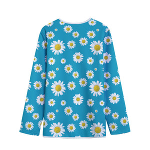 Blue Daisy Flower Pattern Print Long Sleeve Short Coat