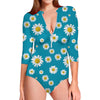 Blue Daisy Flower Pattern Print Long Sleeve Swimsuit