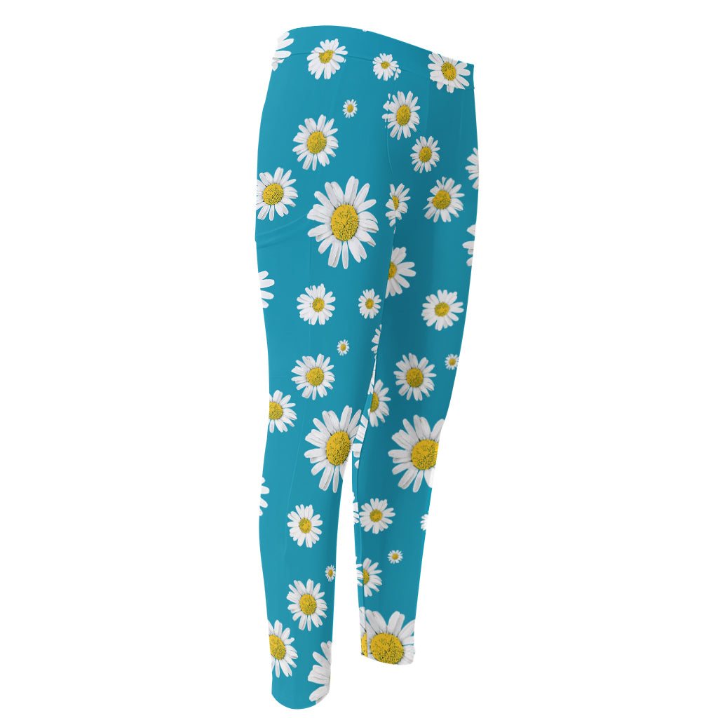 Blue Daisy Flower Pattern Print Men's Compression Pants