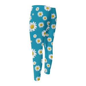 Blue Daisy Flower Pattern Print Men's Compression Pants