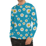 Blue Daisy Flower Pattern Print Men's Long Sleeve Rash Guard