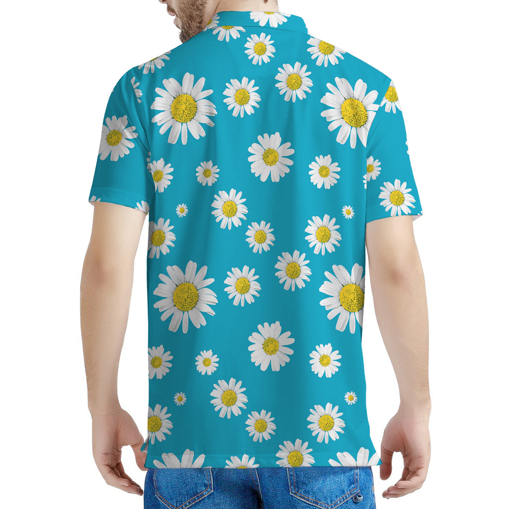 Blue Daisy Flower Pattern Print Men's Polo Shirt
