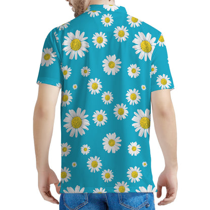 Blue Daisy Flower Pattern Print Men's Polo Shirt