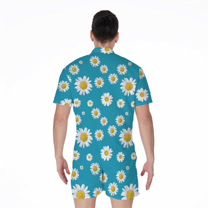Blue Daisy Flower Pattern Print Men's Rompers
