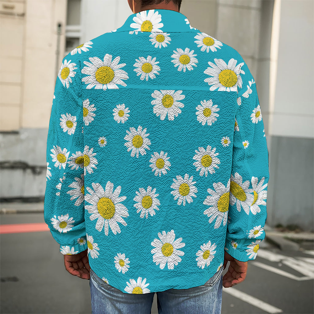 Blue Daisy Flower Pattern Print Men's Shirt Jacket