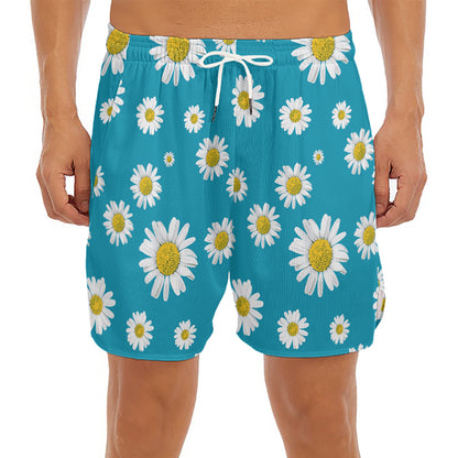 Blue Daisy Flower Pattern Print Men's Split Running Shorts