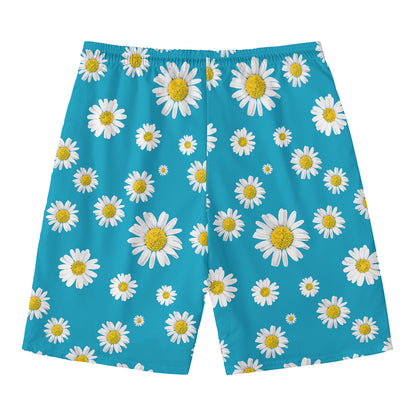 Blue Daisy Flower Pattern Print Men's Swim Trunks