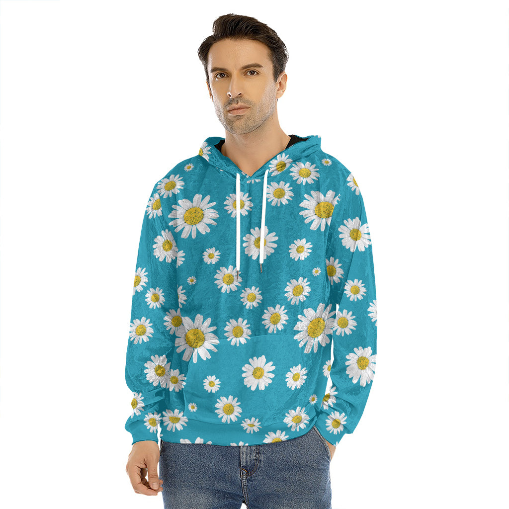 Blue Daisy Flower Pattern Print Men's Velvet Pullover Hoodie