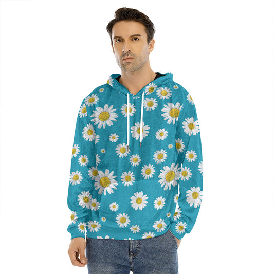 Blue Daisy Flower Pattern Print Men's Velvet Pullover Hoodie
