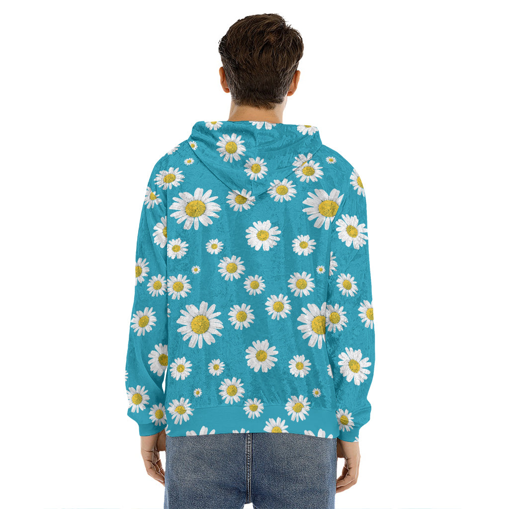 Blue Daisy Flower Pattern Print Men's Velvet Pullover Hoodie