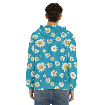 Blue Daisy Flower Pattern Print Men's Velvet Pullover Hoodie