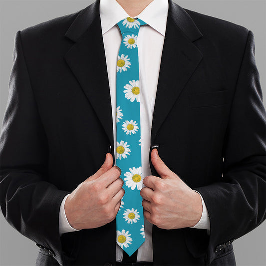 Blue Daisy Flower Pattern Print Necktie