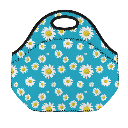Blue Daisy Flower Pattern Print Neoprene Lunch Bag