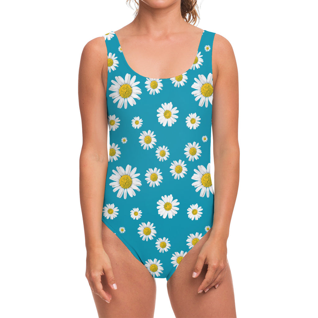 Blue Daisy Flower Pattern Print One Piece Swimsuit