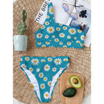 Blue Daisy Flower Pattern Print One Shoulder Bikini Top