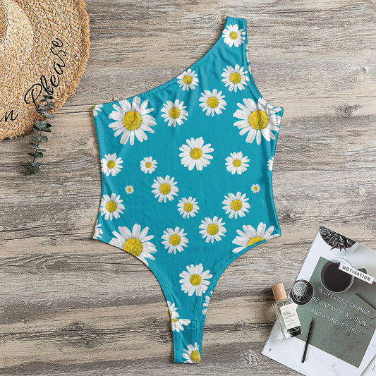 Blue Daisy Flower Pattern Print One Shoulder Bodysuit