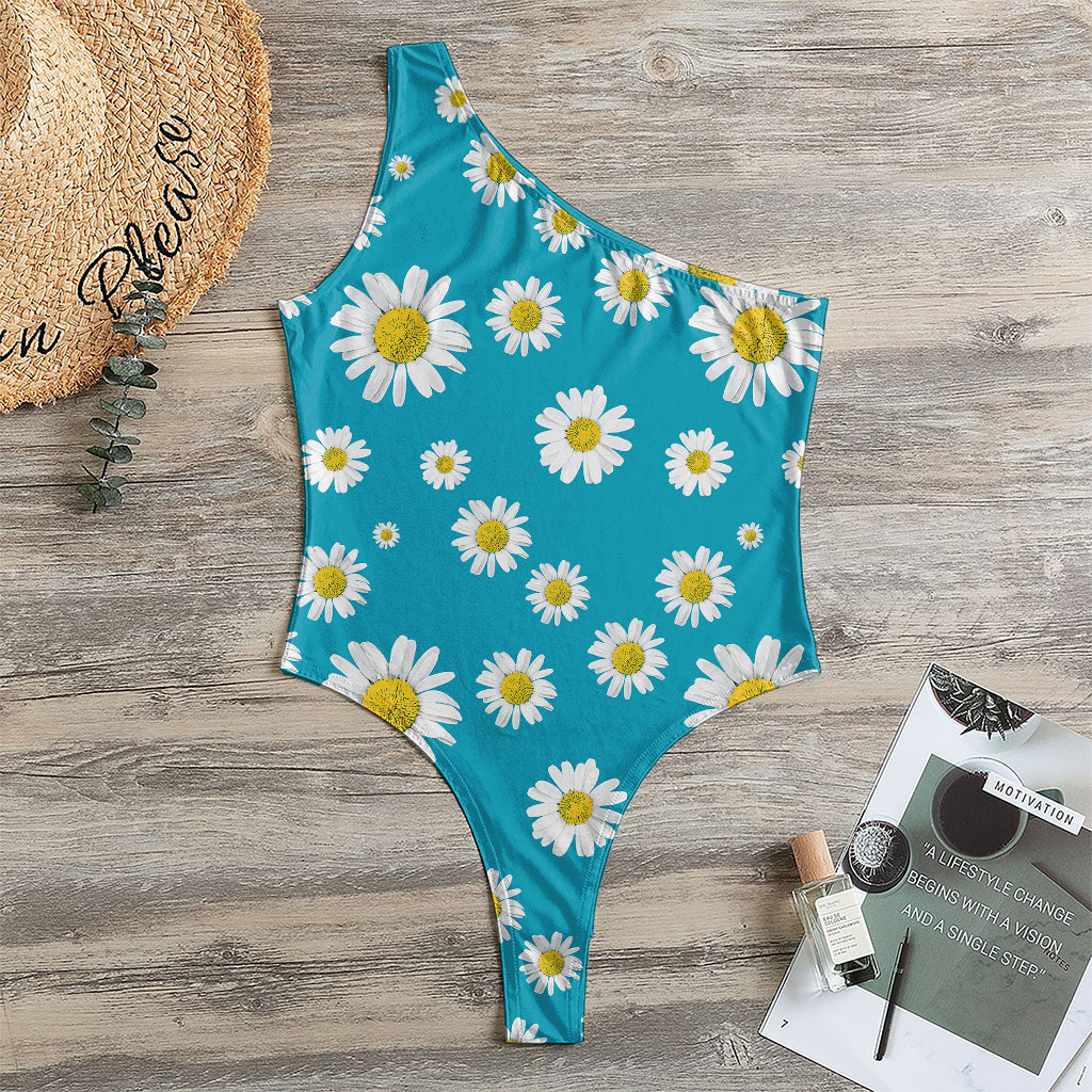 Blue Daisy Flower Pattern Print One Shoulder Bodysuit
