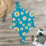 Blue Daisy Flower Pattern Print One Shoulder Bodysuit