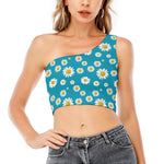 Blue Daisy Flower Pattern Print One Shoulder Crop Top