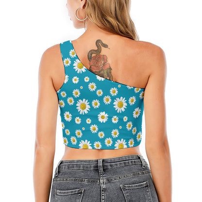 Blue Daisy Flower Pattern Print One Shoulder Crop Top