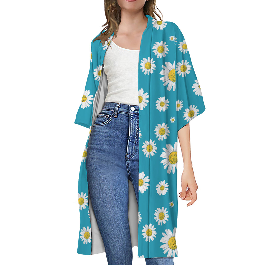 Blue Daisy Flower Pattern Print Open Front Beach Cover Up