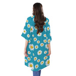 Blue Daisy Flower Pattern Print Open Front Beach Cover Up