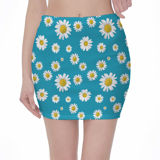 Blue Daisy Flower Pattern Print Pencil Mini Skirt