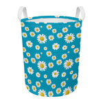 Blue Daisy Flower Pattern Print Round Laundry Basket