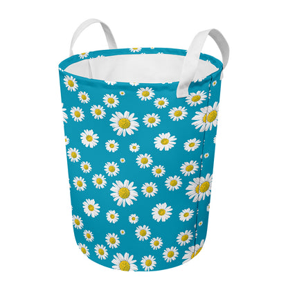 Blue Daisy Flower Pattern Print Round Laundry Basket