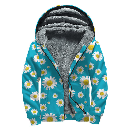Blue Daisy Flower Pattern Print Sherpa Lined Zip Up Hoodie