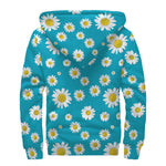 Blue Daisy Flower Pattern Print Sherpa Lined Zip Up Hoodie