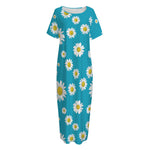 Blue Daisy Flower Pattern Print Short Sleeve Long Nightdress