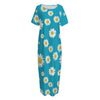 Blue Daisy Flower Pattern Print Short Sleeve Long Nightdress