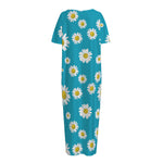 Blue Daisy Flower Pattern Print Short Sleeve Long Nightdress