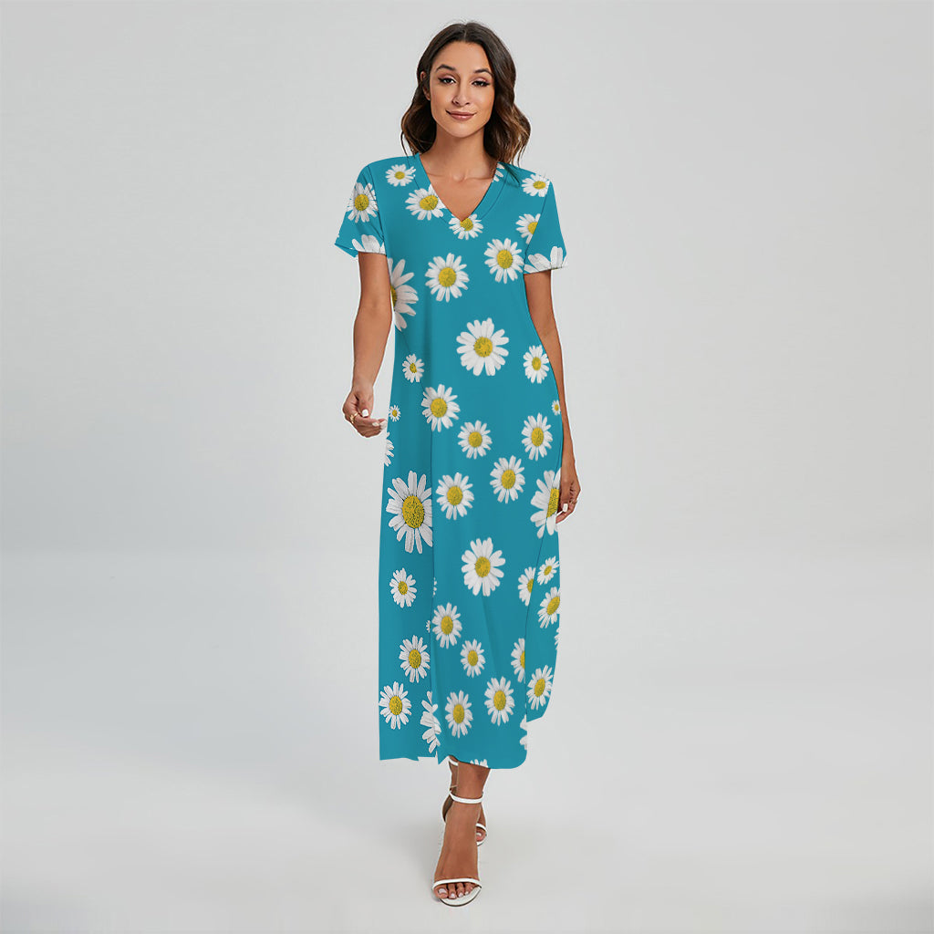 Blue Daisy Flower Pattern Print Short Sleeve Maxi Dress