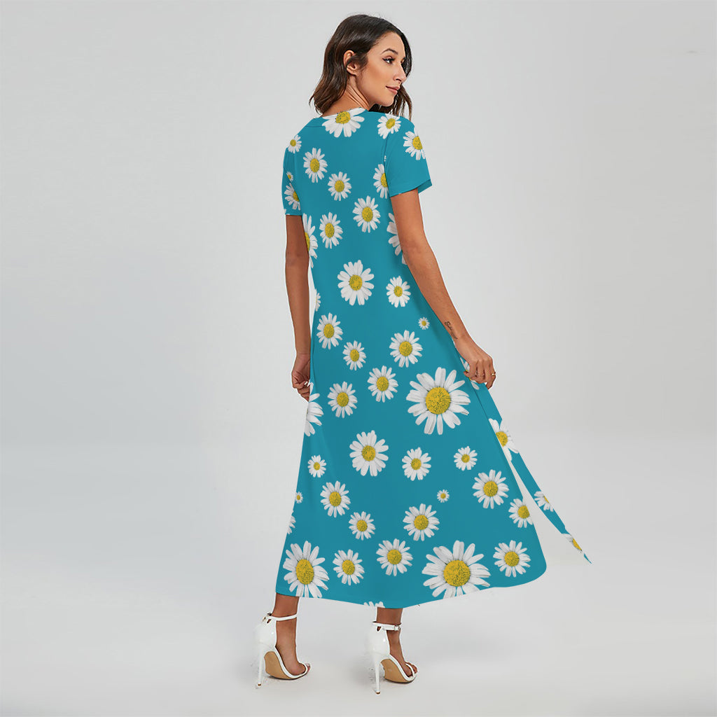 Blue Daisy Flower Pattern Print Short Sleeve Maxi Dress