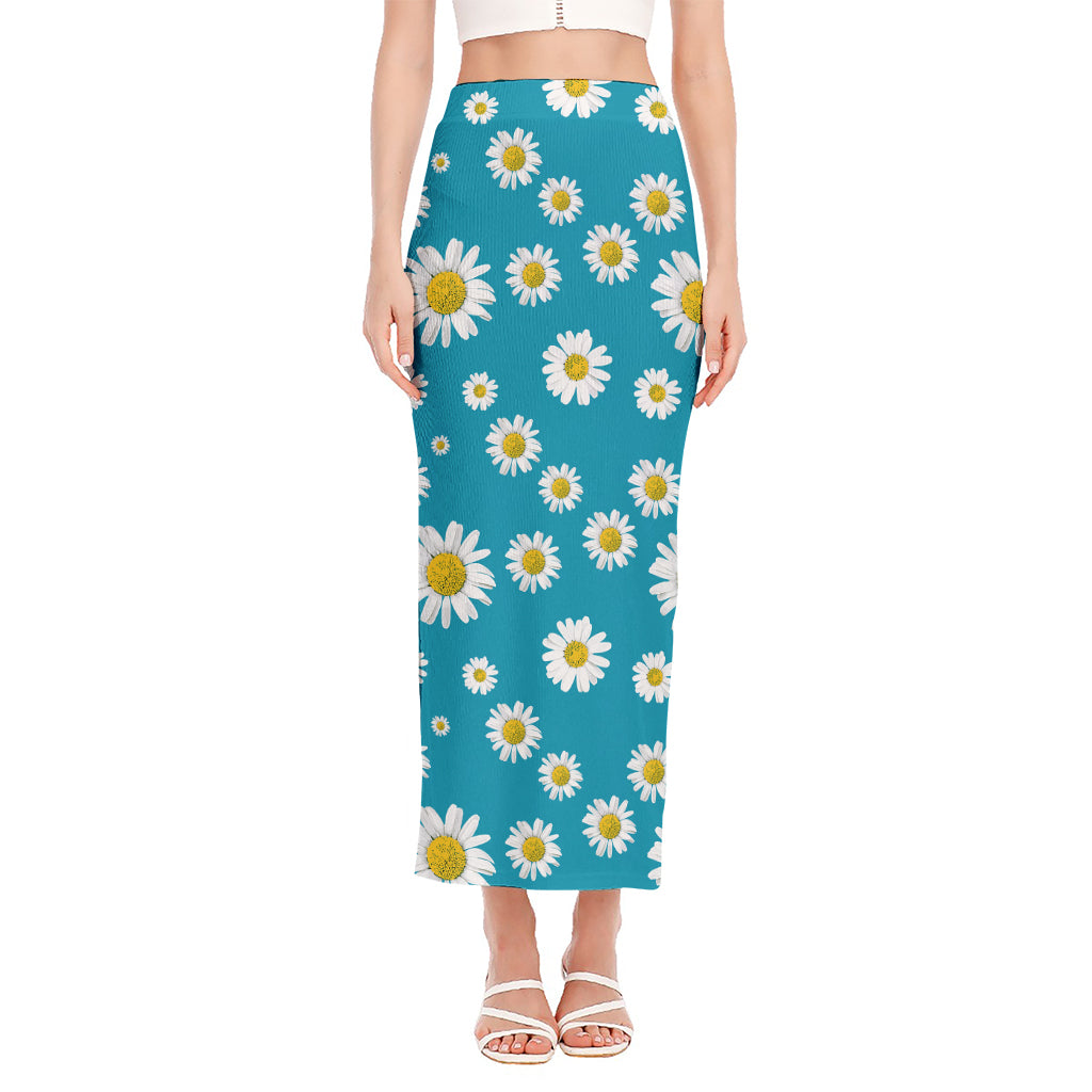 Blue Daisy Flower Pattern Print Side Slit Maxi Skirt