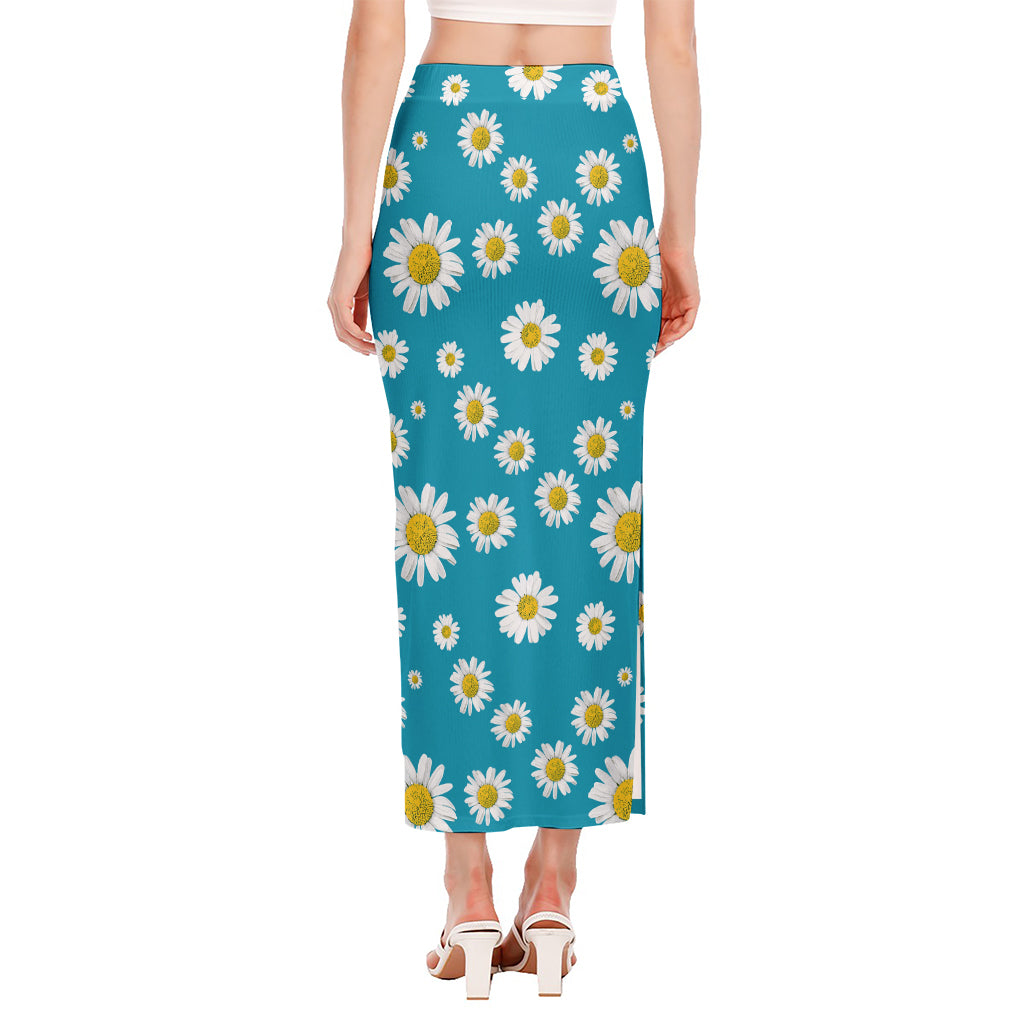 Blue Daisy Flower Pattern Print Side Slit Maxi Skirt