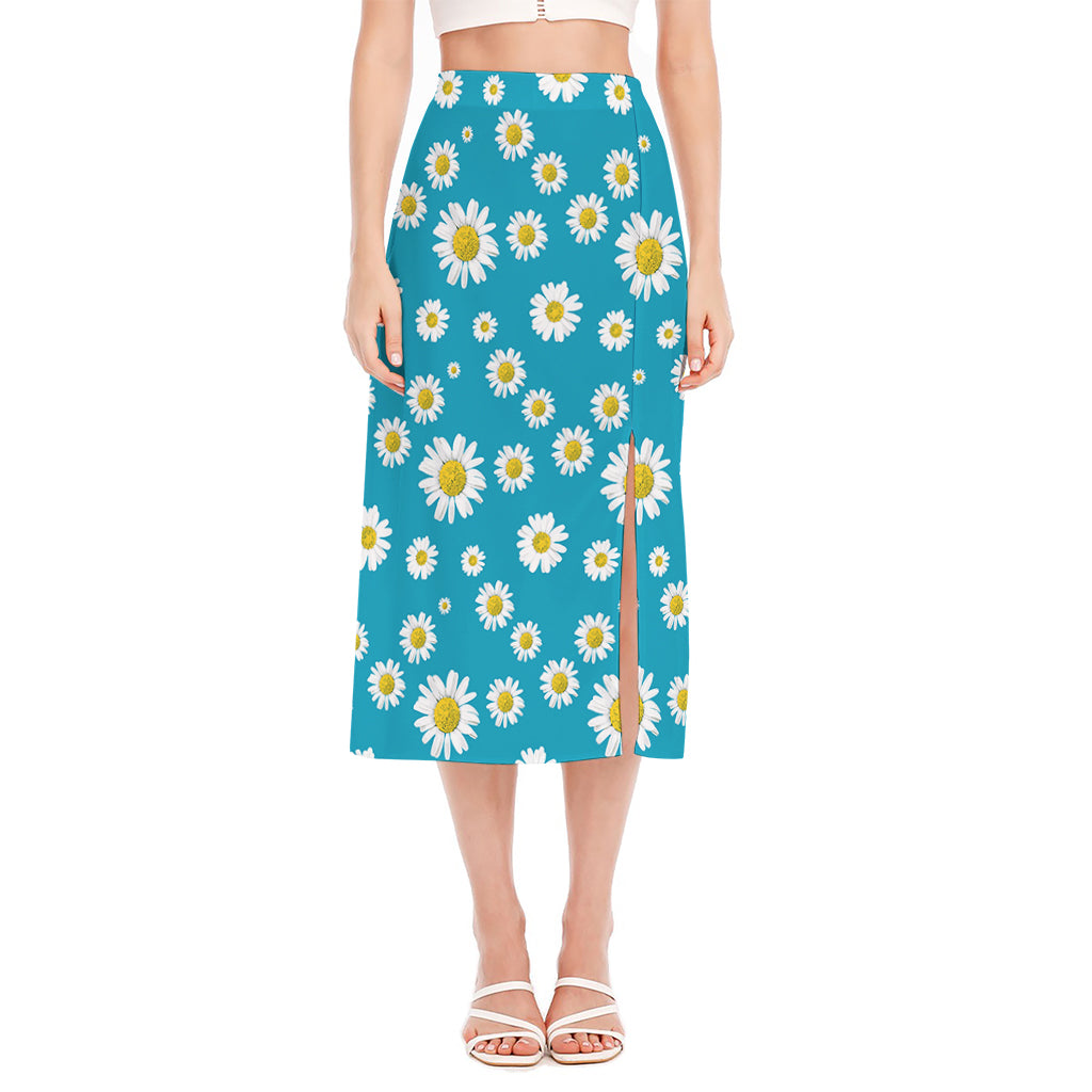 Blue Daisy Flower Pattern Print Side Slit Midi Skirt