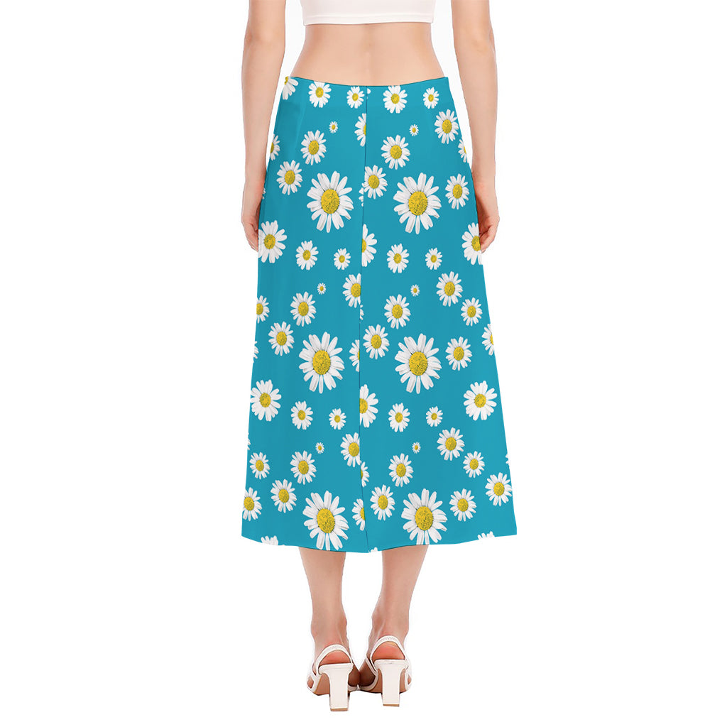 Blue Daisy Flower Pattern Print Side Slit Midi Skirt