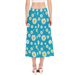 Blue Daisy Flower Pattern Print Side Slit Midi Skirt