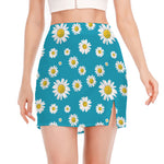 Blue Daisy Flower Pattern Print Side Slit Mini Skirt