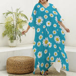 Blue Daisy Flower Pattern Print Silk V-Neck Kaftan Dress
