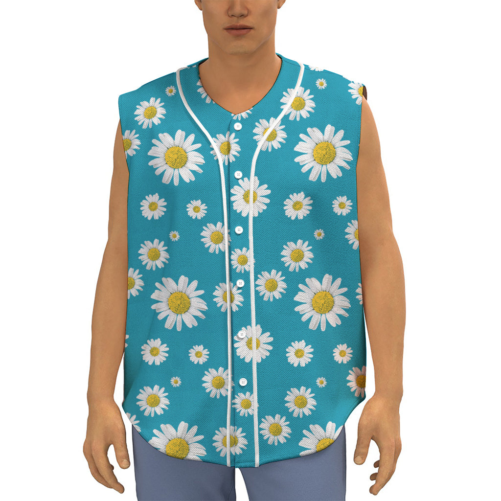 Blue Daisy Flower Pattern Print Sleeveless Baseball Jersey
