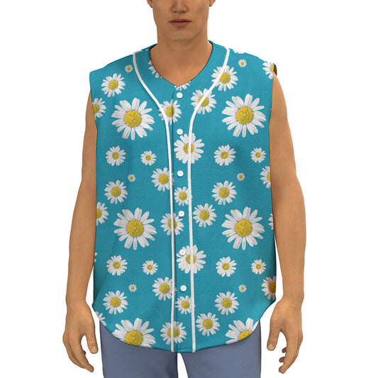 Blue Daisy Flower Pattern Print Sleeveless Baseball Jersey
